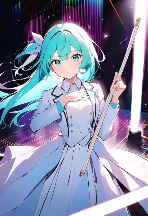 (((1girl))), music hall, symphony orchestra, classical music performances,

conductor, tailcoat, ((1 white conductors-stick or 1 white tact or 1 white thin stick)), during performance, center of stage, conductor podium,

{{Hatsune Miku cosplaying as a cond...