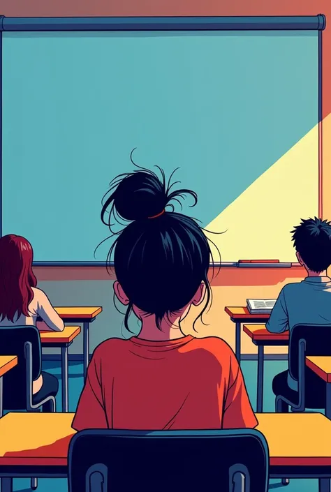 An illustration of a young girl with a messy bun, sitting on her chair  in a minimalistic and clean classroom of her university. The teacher is giving lecture and she is immersed in her thoughgs. The overall scene is rendered in a vibrant comic style with ...