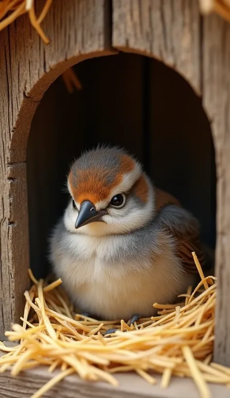 little sparrow cub in a cozy wooden birdhouse covered with hay.