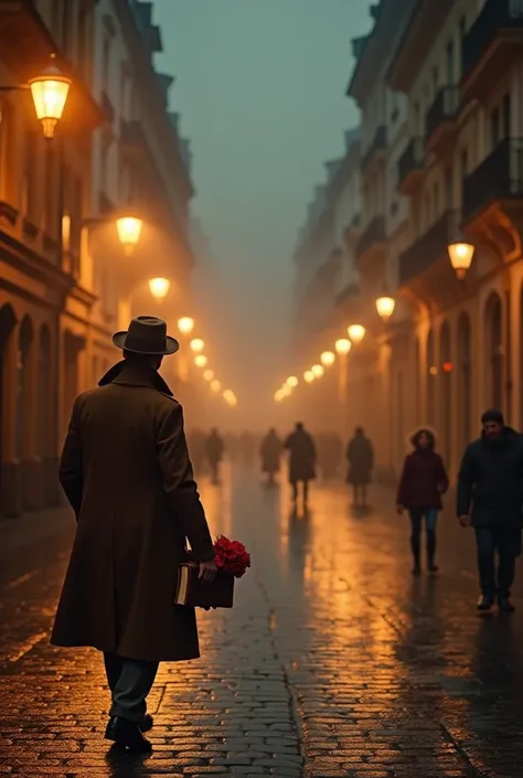  A lonely man dressed in a vintage style of the 20th century ,  wearing a long brown coat and fedora hat ,  walks on a cobbled street surrounded by old buildings in classical European style, as in Prague or Paris .  Warm glowing street lights illuminate th...