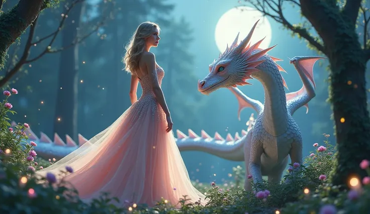 Taylor Swift:
Taylor Swift in an elegant, sparkling gown, standing beside a graceful dragon with shimmering pastel scales, set against a moonlit, enchanted forest.

