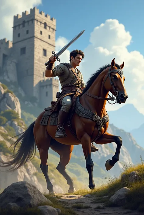 Make a hansome  boy who has sword in his hand , riding horse and there is fort in background