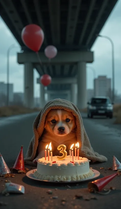  A puppy with a sad expression , wrapped in a dirty blanket ,  sitting on a road under a desolate viaduct . In front of the dog ,  there is a cake with several burning candles forming the number 3 .  The setting is filled with melancholic details ,  like f...