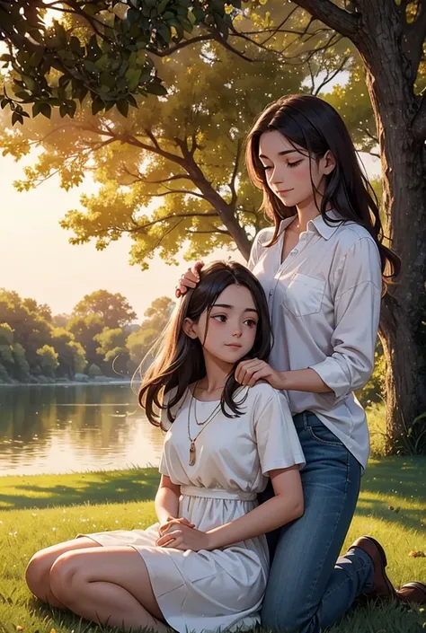 A serene and emotional scene of two people sitting on lush green grass in a tranquil park at sunset. The soft golden light from the setting sun bathes the scene in warmth, with the trees swaying gently in the background. Maria, with long dark hair and wear...