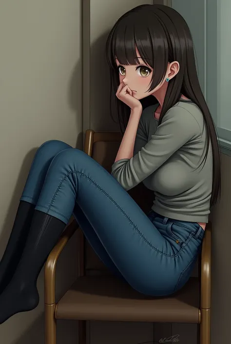 A girl sitting in a chair wearing tight blue jeans with long black socks 