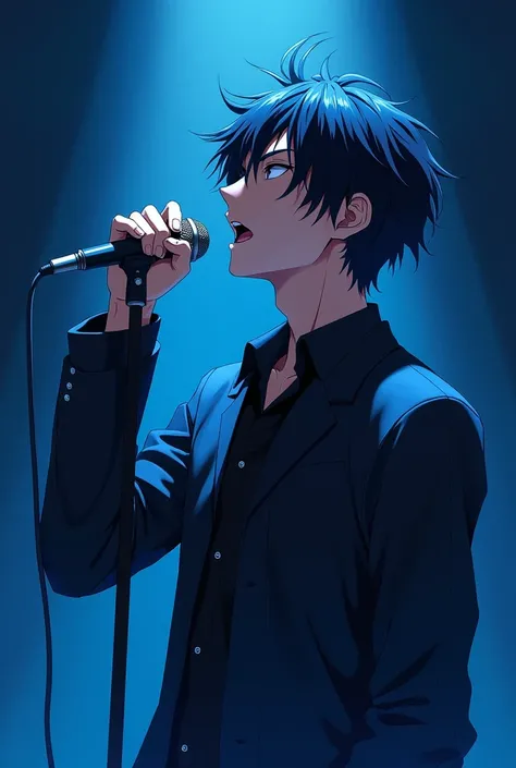 Create a photo of a male character, in anime style, the background of the image must contain blue, black colors, this character sings, do it with a microphone 