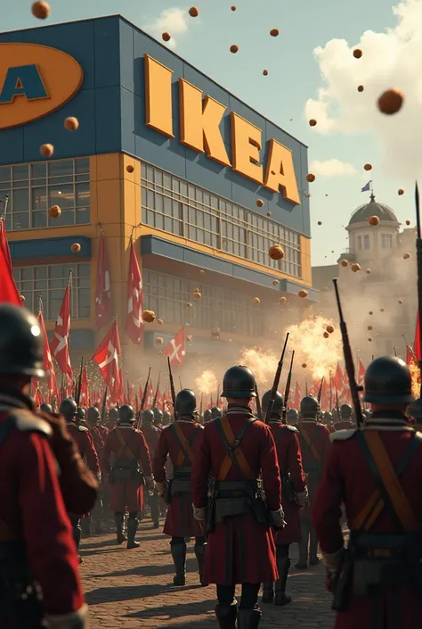 Polish army storming IKEA mall thats a sweedish military base, 17th century. Sweedish army firing back with meatballs from cannons.