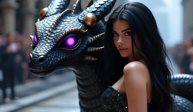 Kylie Jenner:
Kylie Jenner in a glamorous outfit, posing with a sleek, black dragon with glowing purple eyes and gold accents, surrounded by a high-fashion runway