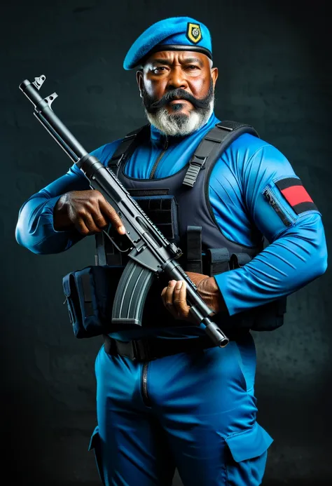 (a dark-skinned bearded fat old man in a bulky blue zipper diver suit) holding a gun and (wearing army beret on his head), muscular, Basuki Abdullah, sumatraism, action, a character portrait, heroic, fierce, snarling