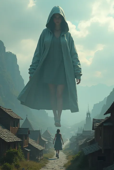 Realistic image of a giant girl wearing a hoodie walking above a very small town