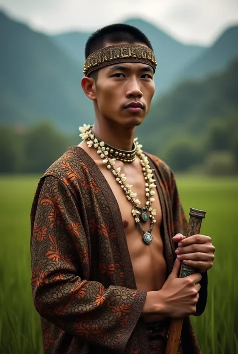 A young man from the Sundanese tribe of Indonesia wearing traditional bridge Sundanese clothing with a broken parang batik motif using songket cloth with traditional motifs wearing a jasmine flower necklace with gold studs. Head wearing a headband or Sunda...