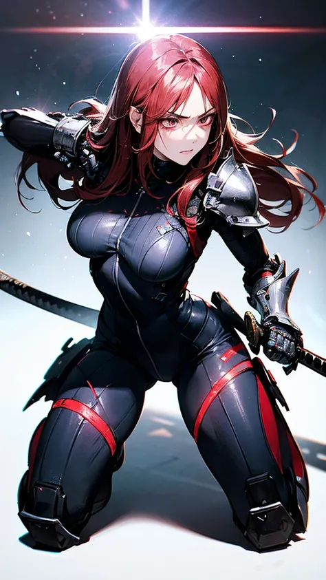 masterpiece, best quality, beautiful detailed hair detailed face, perfect feminine face, (happy:1.2), cyberskull mask, (full body view), face focus, a beautiful and cute warframe woman and glowing crimson red hair , futuristic battle outfit, scifi power po...