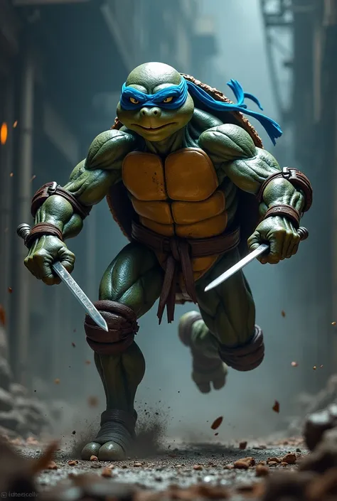 A very dramatic picture of Leonardo from ninja turtles fighting 