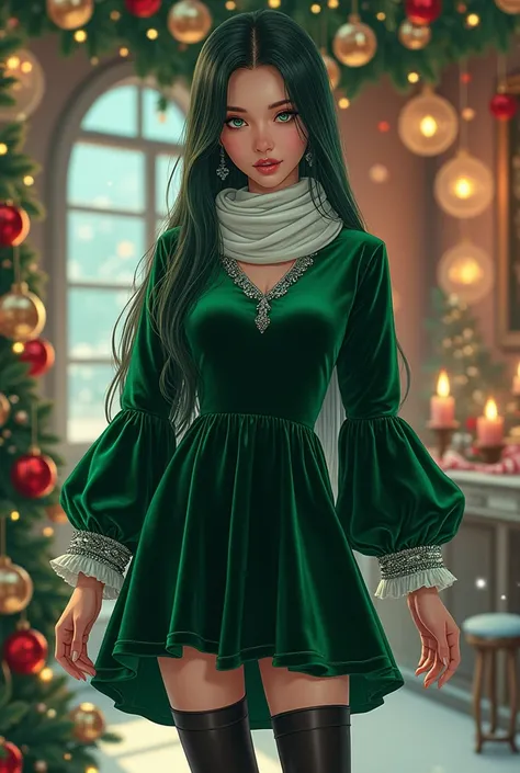  A woman with long straight green hair and with black highlights and orange reflections.  Her blue eyes sparkle with gold patches . Your skin is clear and radiant,  with a soft glow .  Wearing emerald green velvet short dress ,  with long puffy sleeves and...