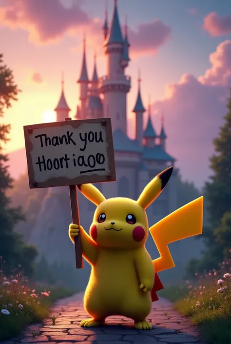 Pikachu standing confidently, holding up a sign with the message THANKS ❤️. In the background, an enchanting, magical castle looms, with turrets and spires reaching towards a twilight sky. The scene is set in a cinematic style, with dramatic lighting and r...