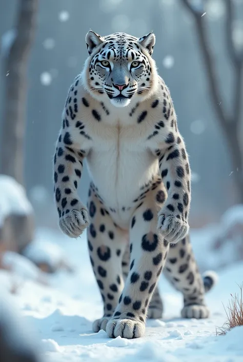 A furry naked snow leopard, showing off her entire body 