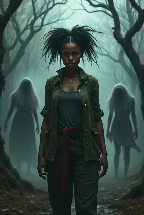 A black woman standing in a world filled with evil spirits and ghosts 