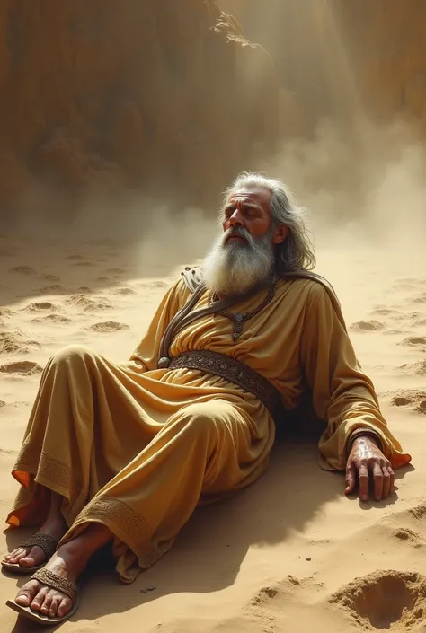  Make the image of a prophet wearing Hebrew clothing and sandals, a character described in the Bible as Moses, He fell with his eyes closed on the ground , looking older 