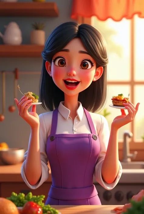 Pixar-style poster cook in her 20s White straight black hair up to her shoulders brown eyes red lips dressed in purple apron making a delicious gesture
