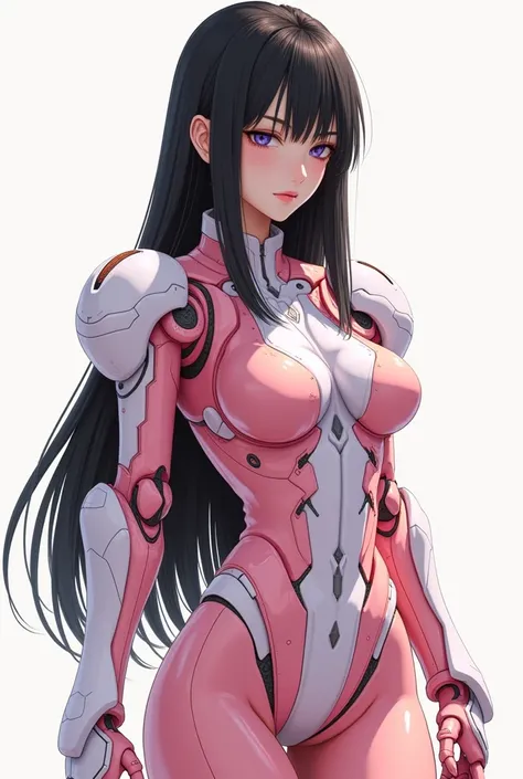 1 mature female, very long straight soft detail black hair, transparent strict pink, peach and white mechanical futurism Jacket,exo-skeleton armor, japanese very cute beautiful warrior, large breast, voluptuous slender, slim waist,sensual pose, a graphic d...