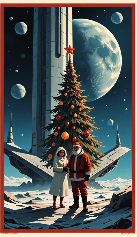 Soviet retro postcard style. A New Years greeting card from a distant happy Soviet sci-fi future. Snow Maiden and Santa claus у новогодней елки на лунной исследовательской станции
