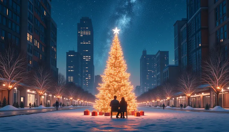  On a night with the Milky Way spreading out, a Christmas tree shines brightly in the center of a square with many high-rise buildings and many sidewalk blocks in the background, and there are several gifts under the tree. After that, I can see a glimpse o...