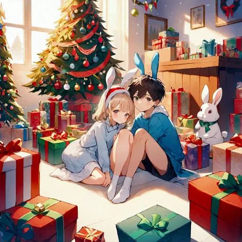 a boy bunny and a girl bunny sitting on the floor surrounded by many gifts, christmas tree