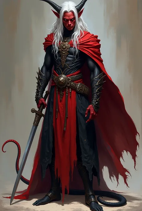  create a full-body image of a Tiefling wizard with a draconian lineage (Red Dragon)  and warrior capacity . It needs to look charming and seductive.  He must have dark red skin  (almost black), small, curved horns ,  Long, pretensionable tail ,  golden ey...