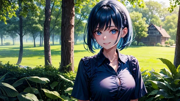 1girl, summer, trees, house, fantasy landscape, water, blue hair, short hair, large full breasts, dark blue eyes, ((dark blue silk shirt)), ((short sleeved shirt)), ((unbuttoned shirt)), ((unbuttoning shirt)), ((cleavage)), checked mini skirt, grin, lookin...