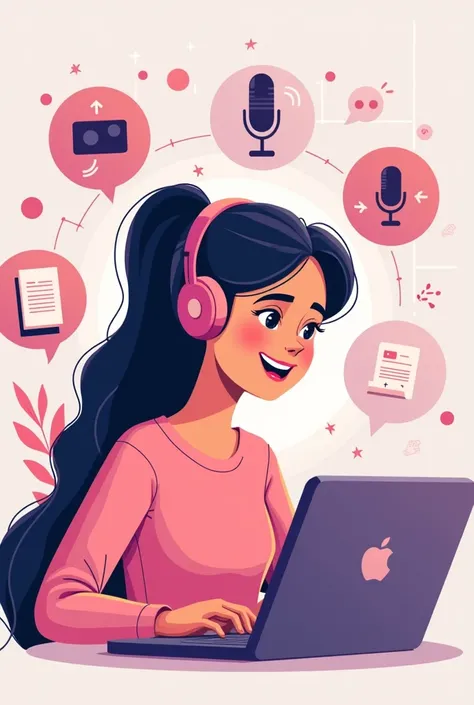  “Create a modern and a vivid illustration of a young girl,  icons hover around her working on her laptop .  ,  symbolizing audio transformation , video and text  (microphone, video camera,  text documents ).  Color palette :  soft pink and pastel colors ,...