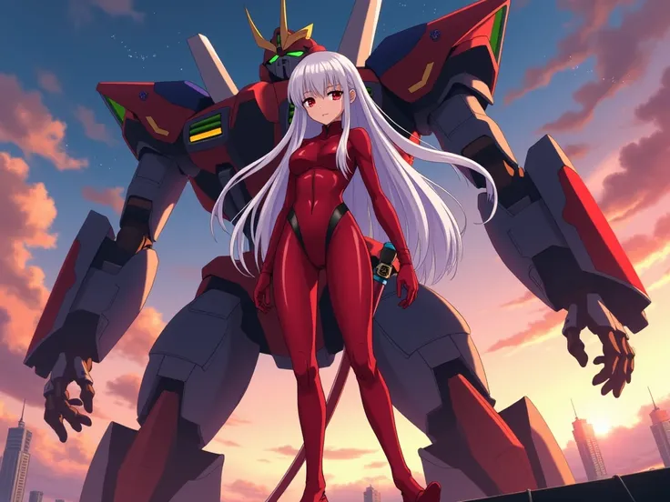 Anime girl sexy body white silver hair very red eyes with her red wick suit behind her a very giant robot and the background of a starry sky sunset she is on a roof of a building and she has long hair, big breasts, very beautiful and a wicked sword 