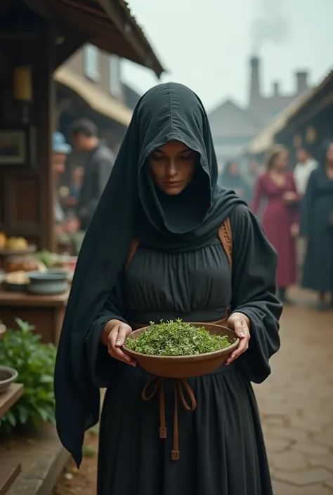  A woman wearing a veil sells herbal remedies in a quiet market,  with their eyes down to avoid being recognized , 1693,  simple clothes but hiding her face with a dark veil ,  a bustling small town with wooden stalls , people moving ,  faint smoke coming ...