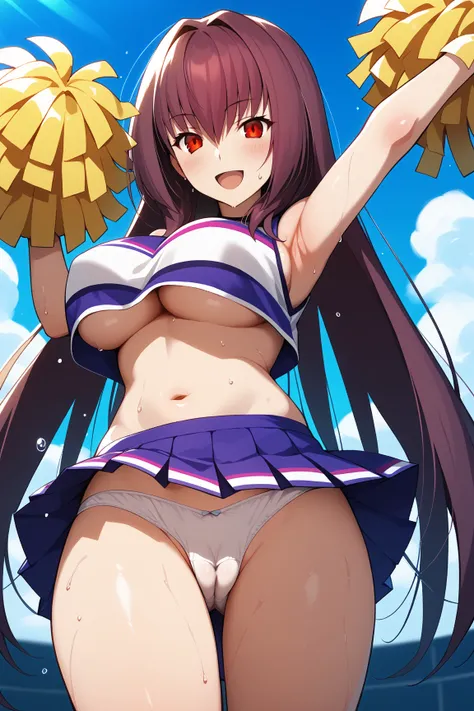 Scathach,megami magazine,long hair,brown hair,M-shaped bangs,hair over shoulder,hair between eyes,red eyes,large breasts,
(cheerleader:1.3), (pleated skirt:1.3),(stripe crop top:1.2), sleeveless shirt, 【胸のサイズ】,(under boob:1.1),
miniskirt, thighs, holding p...