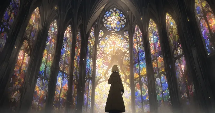 church, one girl, blonde hair,  stained glass,  wide angle, anime keyvisual, in PSYCHO-PASS style, best quality, masterpiece, perfect anatomy, cinematic lighting, caustics, wide shot, hand focus, looking afar, scared, dynamic pose,