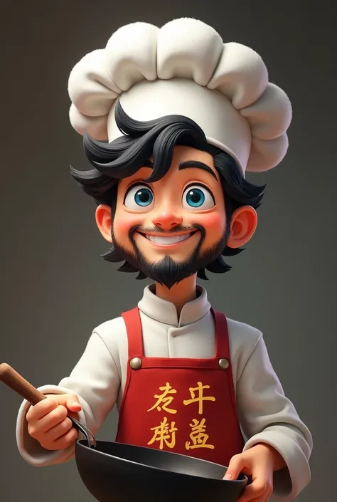  A 30-year-old boy with half hair ,  Black hair, with white skin,  blue eyes and a half short beard ,  wearing a white kitchen hat and a Chinese apron with Chinese letters, with a wok in his hand happy 