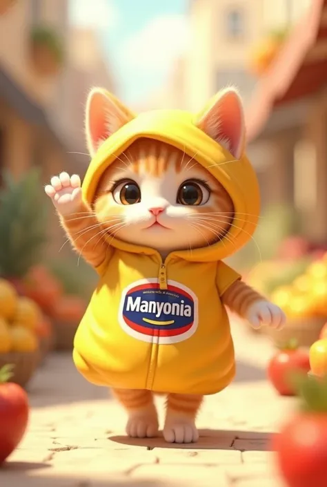 kitten 、(Im wearing a mayonnaise container costume     )、       cute background、Stand and walk、      raise your hand、   3d illustration style       、8k、        Im walking along the colorful fruit market runway  