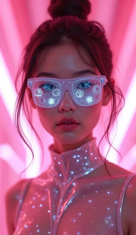 A futuristic scene showcasing how AI seamlessly integrates into daily life. An attractive woman with a calm, focused expression stands in a modern, minimalistic pink neon room. Holographic letters and symbols glow softly on her eyeglass, wears latex dress,...