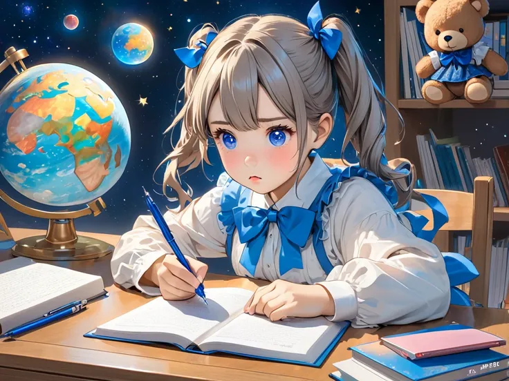 Talking teddy bear 1, pigtails girl 1, universe, fairy tale style, study,  studying at a desk ,  high resolution, Concentrated expression, Hold the ballpoint pen straight, Blue Ribbon, 곰인형과 함께, 책을 보는 시선, 