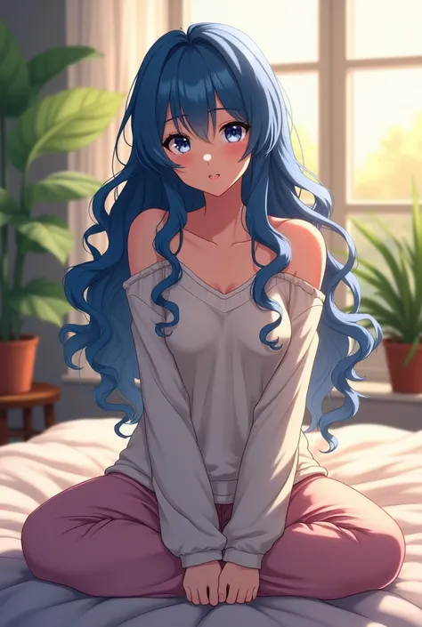 beautiful blue hair woman, sitting on bed, wearing loose off-shoulder top, pajama pants, long curly hair, indoors, soft lighting, plants in background, window with sunlight, cozy room, relaxed pose, realistic, intricate details, warm colors, Anime