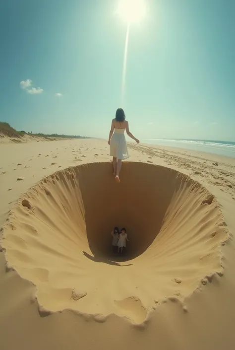 there are two ren standing in a hole in the sand, a picture inspired by Leandro Erlich, instagram, realism, camera angle looking up at her, looking up at camera, looking up at the camera, camera looking up at her, looking from slightly below, looking up, j...