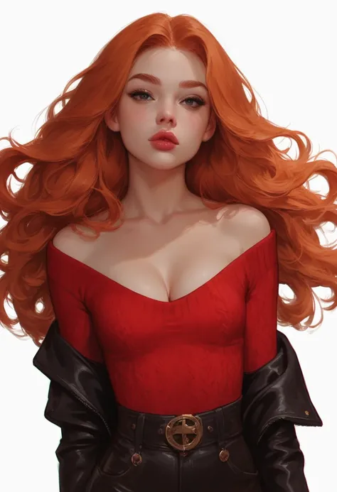 score_9, score_8_up, score_7_up, Western Comics, Portrait, girl, ginger, cute, seductive, innocent, light smile:0.3, plump lips, slender body, red sweater falling off her shoulder, cleavage, extremely sexy, long ginger hair, floating hair, small breasts, b...