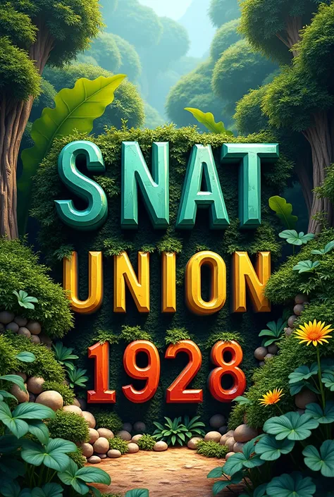 Write the words SNAT UNION 1928 in a glossy natural environment different colors in capital letters