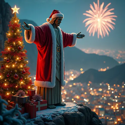 Christ the Redeemer statue on rio de janeirr  o Corcovado   wearing santa claus costume in a christmas scnearium, a christmas tree, chtstimas lights,  Christmas tree, Christmas elements, fireworks, riode janeiro christmas lights and wonderfgul night city v...