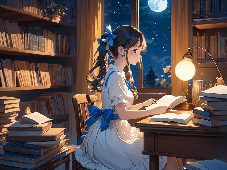  ribbon  girl holding a bear , High definition, Warm light , accurate , Room,  pigtails  ,  white dress, Night sky stars and moon,  The desk is full of books ,  it feels like a mysterious fairy tale, Studying , White one piece, Blue ribbon 