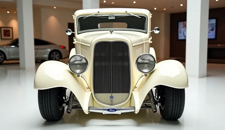 back front view view of painted full cream with shiny clour 1930 Ford 3 window  coupe sleek in large shape classic in large size with Ford logo on its large detailed grille in shiny white clour with angular sporty design captured from close back front view...