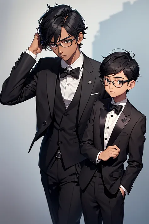 Indian teen male, flat nose, weak chin, small ears, combover hairstyle, black dark skin, black tuxedo jacket, black dress pants, black bowtie, black dress shoes, big nerd glasses, geek, skinny figure, weak, side profile