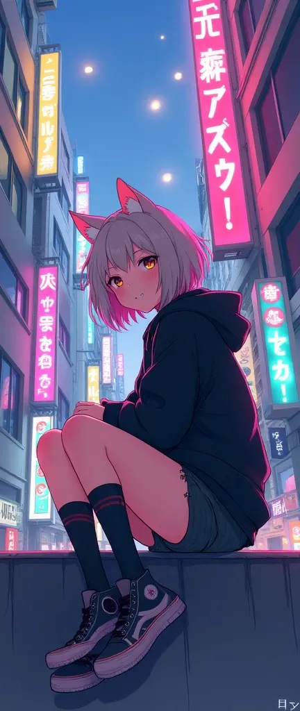 Image is a digital illustration in an anime style, featuring a futuristic urban setting with vibrant neon lights. The layout is vertical, focusing on a character sitting on a ledge. The subject is a young person with light skin, wearing a black hoodie and ...