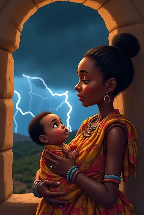 Character Details: Makau as a newborn baby, swaddled in colorful African cloth, with his one hand visible. His mother, Lami, a 30 year old Nigerian woman with striking cheekbones and kind eyes, wearing traditional Zazzau attire. Action Prompt: Lami holds b...