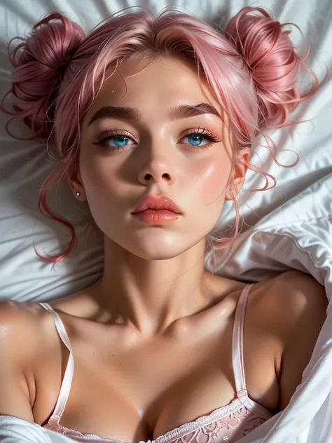 Kira Hope with medium pink hair and blue eyes, twin buns, thick eyebrows,  large and wide lips , morning lighting , Sleepy,  taking a selfie ,  looking to the right, darkness, attenuated,  close,  Ultra High Definition ,  RAW photo, creative photography,  ...