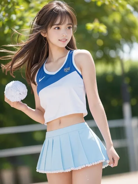 masterpiece, Highest quality, Very detailed, High resolution, (Realistic, photoRealistic:1.37), One beautiful woman, 18-year-old, sexy, Cheerleader, (Holding a pom-pom in both hands:1.3), (mini skirt, Thighs, focus:1.5), smile, cheer leading, Cheerleader u...